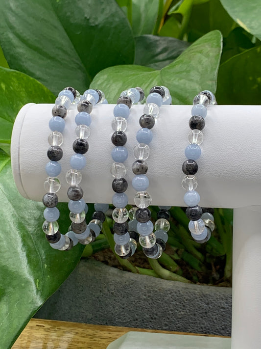 Larvikite, Angelite, and Clear Quartz Bracelet